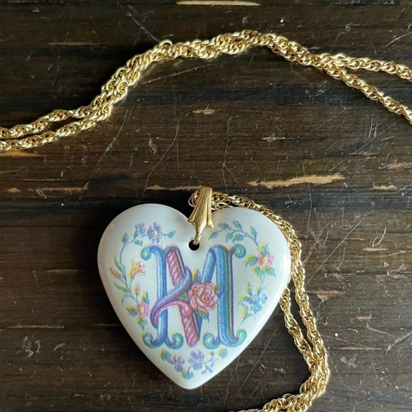 Heart Pendant Necklace with Floral Initial Design,Necklace with initial “M” - Picture 1 of 16